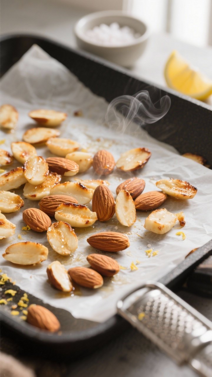 Cooking process: Toasted almond close-up. Sliced almonds just off the skillet, lightly golden with a