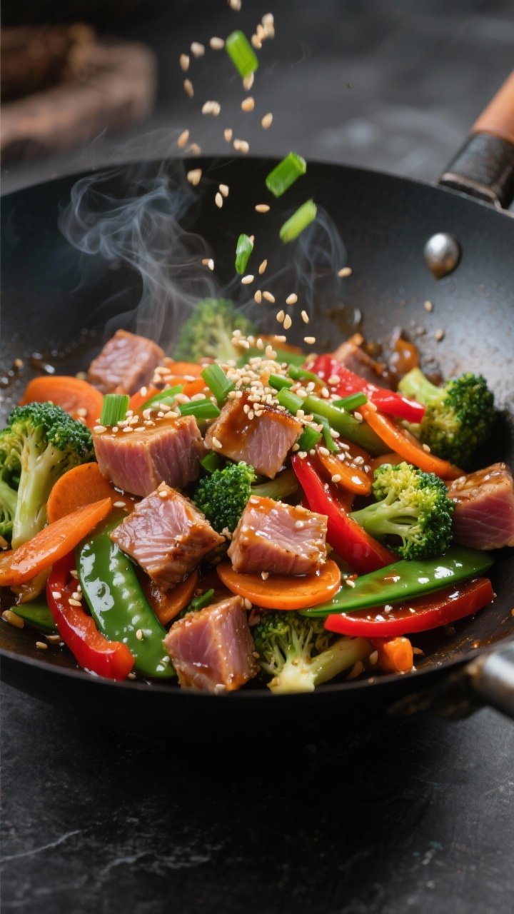 Cooking process – Tuna & Veggie Stir-Fry sizzling in a wok: glossy soy-garlic-ginger sauce just ad
