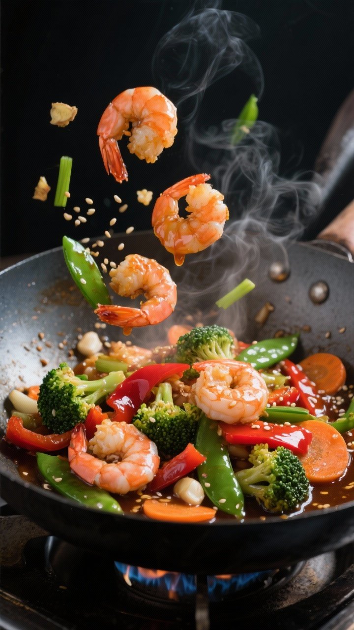 Cooking process, wok action: Medium-high heat shrimp stir-fry mid-toss in a carbon-steel wok, showin
