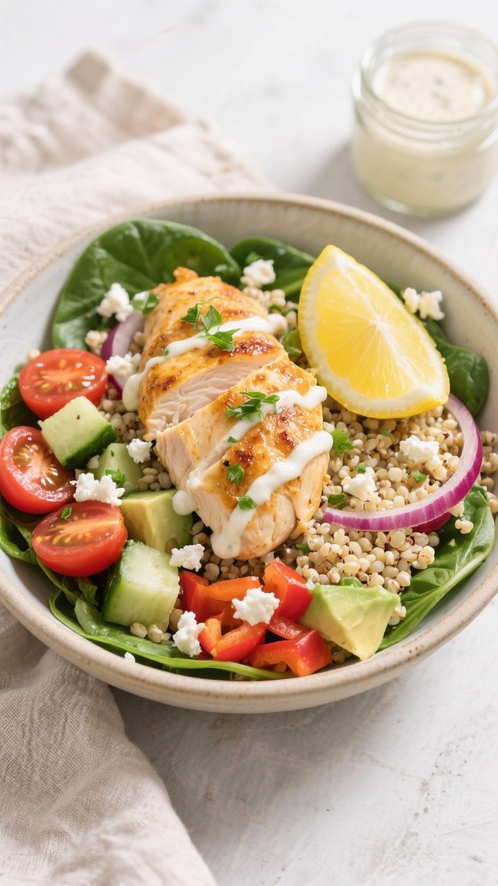 Final bowl overhead: Overhead shot of a Chicken & Quinoa Bowl assembled for serving—fluffy quinoa 