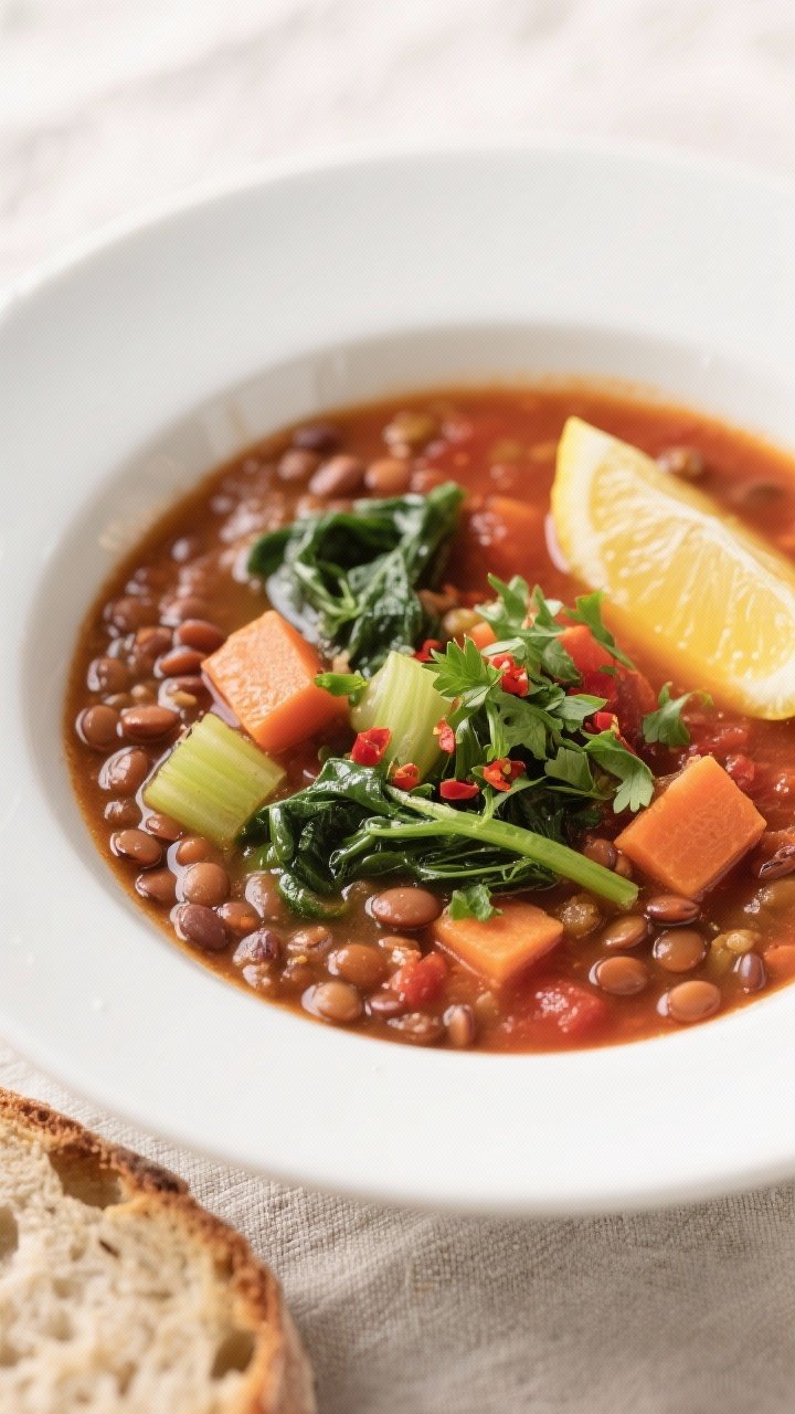 Final dish beauty shot: A restaurant-quality bowl of finished Lentil & Veggie Soup, 3/4 overhead top