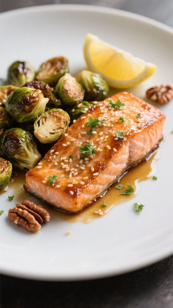 Final dish, close-up detail: A single salmon fillet plated on a matte white dinner plate with a gene