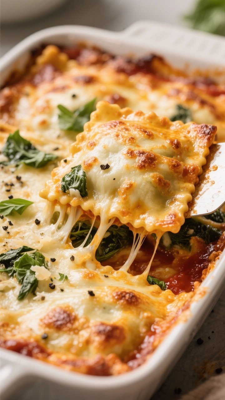 Final dish, close-up detail: Bubbling, golden-brown top of the baked Cheesy Spinach Ravioli, extreme