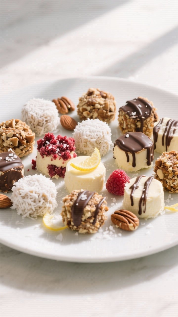 Final dish overhead: An top-down shot of assorted no-bake keto cheesecake bites arranged in a loose 