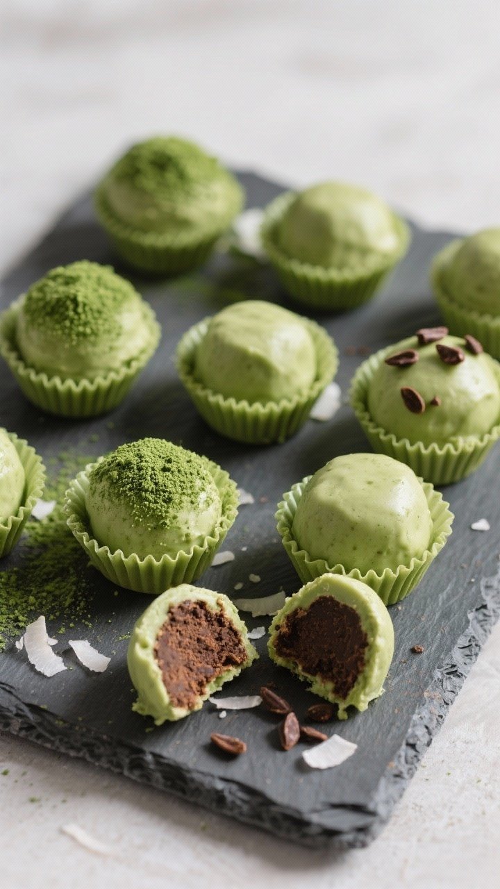 Final dish overhead: An top-down shot of set Keto Matcha Green Tea Fat Bombs released from a silicon