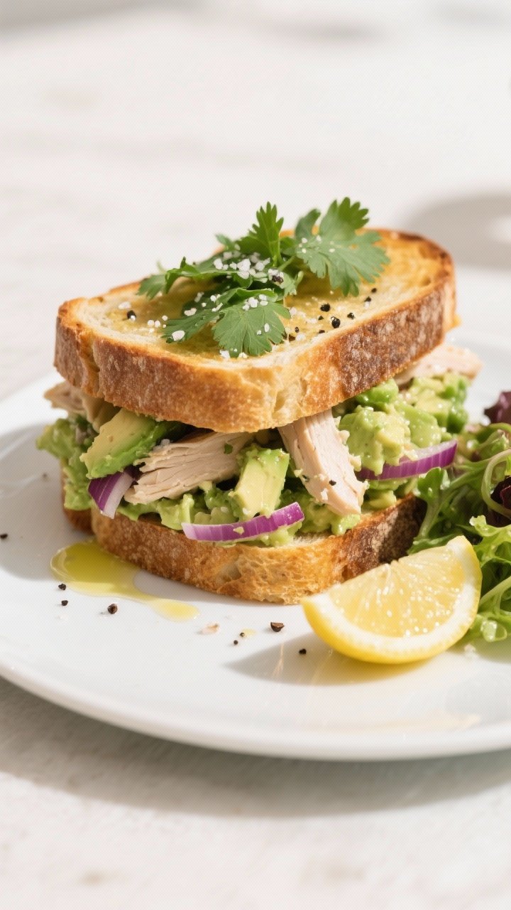 Final dish overhead: Avocado chicken salad piled high on thick toasted sourdough, edges neatly stack