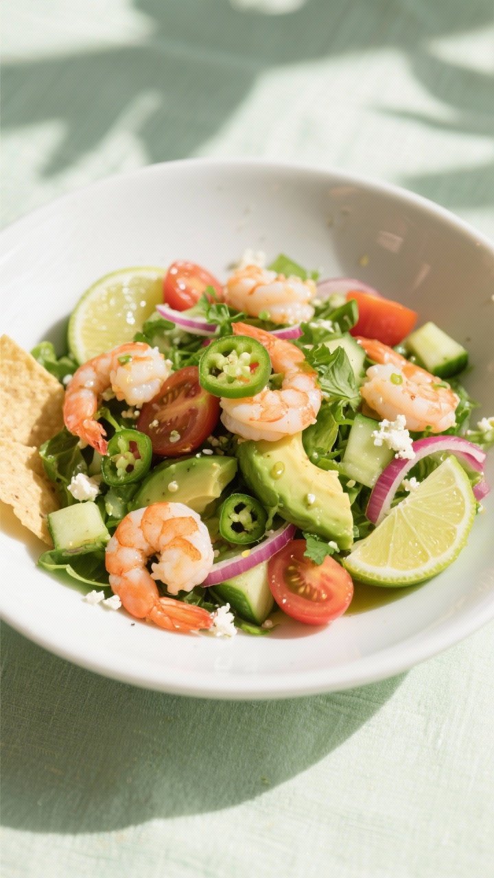 Final dish overhead: Avocado Lime Shrimp Salad beautifully plated in a wide white ceramic bowl, show
