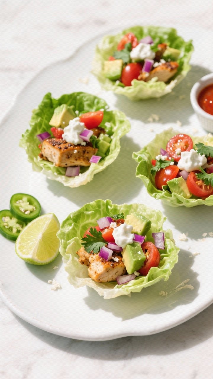 Final dish overhead: Chicken Lettuce Taco Cups neatly arranged on a white ceramic platter, . Butter 