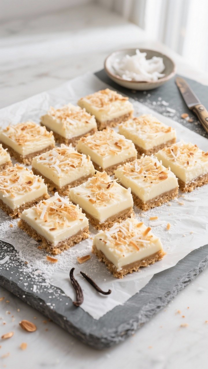 Final dish overhead: Chilled Keto Coconut Vanilla Custard Bars sliced cleanly into 12 neat squares o