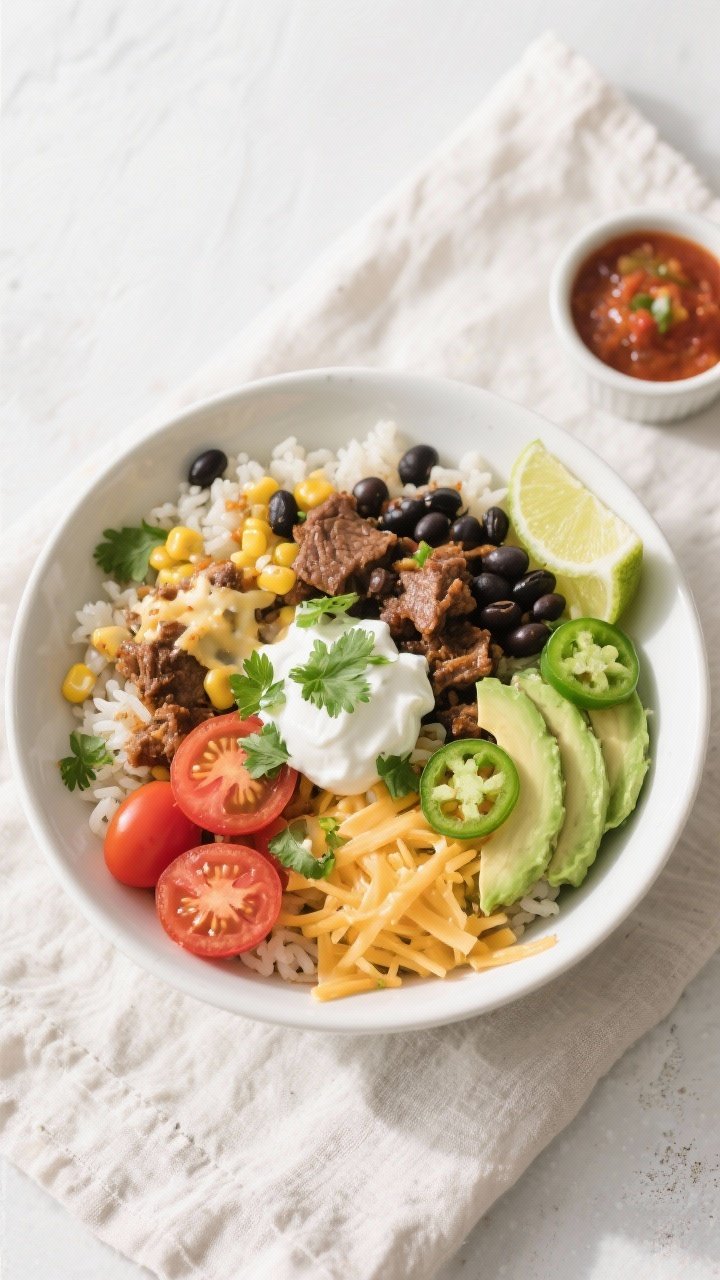 Final dish overhead: Easy Beef Burrito Bowl arranged in neat, colorful sections over cilantro-lime r