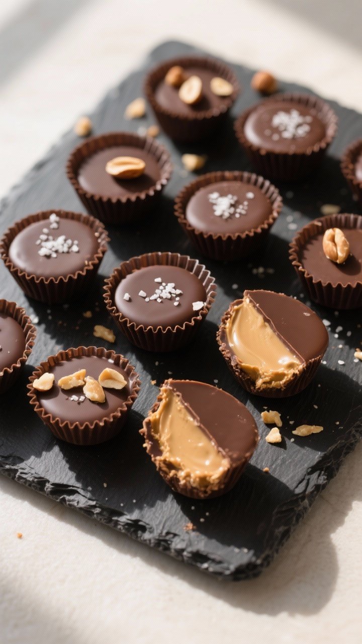 Final dish overhead: Finished keto chocolate peanut butter cups out of their paper liners, arranged 