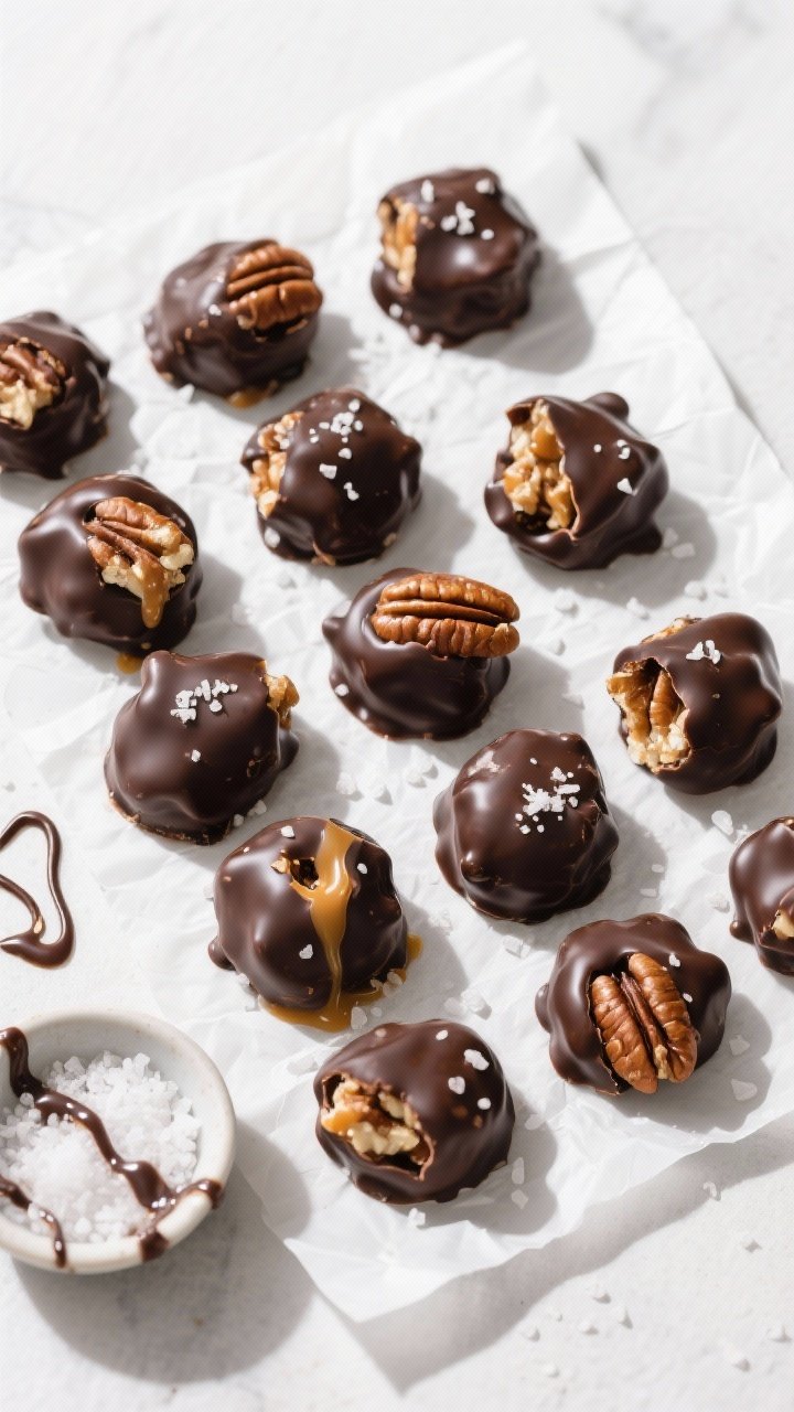 Final dish overhead: Fully set keto caramel pecan clusters coated in smooth, shiny sugar-free dark c