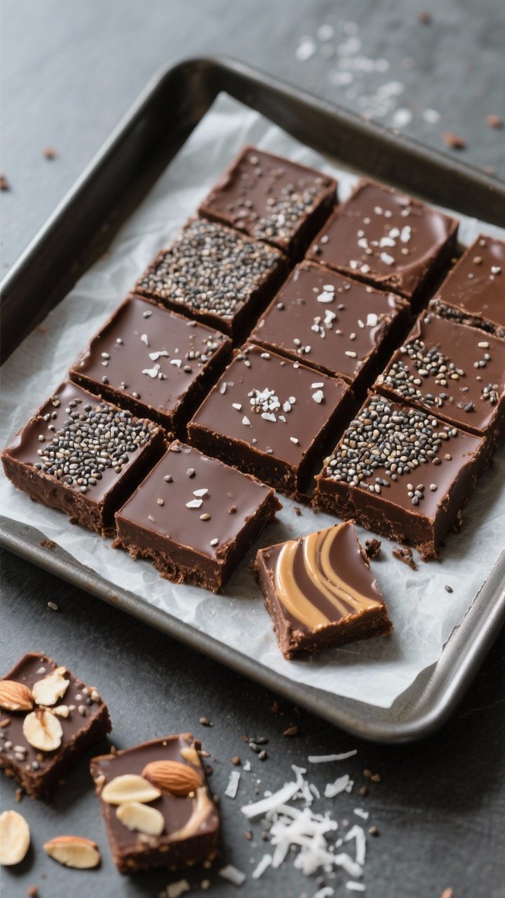 Final dish overhead: No-bake chocolate chia fudge set and sliced into small, clean squares on parchm