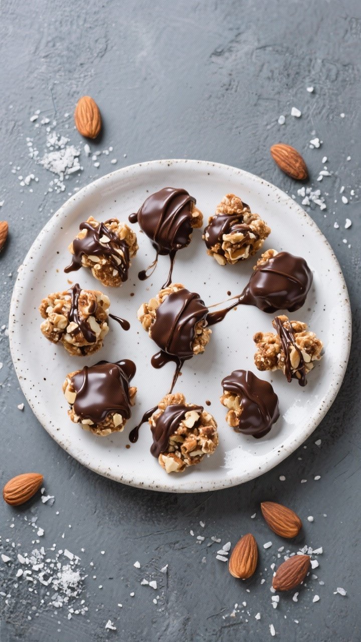 Final dish overhead: of fully set Keto Caramel Almond Clusters dipped in dark sugar-free chocolate w