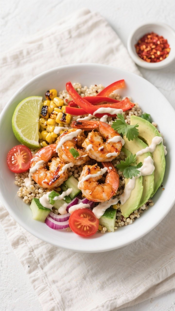 Final dish overhead: Overhead shot of a vibrant Spicy Shrimp & Quinoa Bowl, fluffy quinoa base toppe