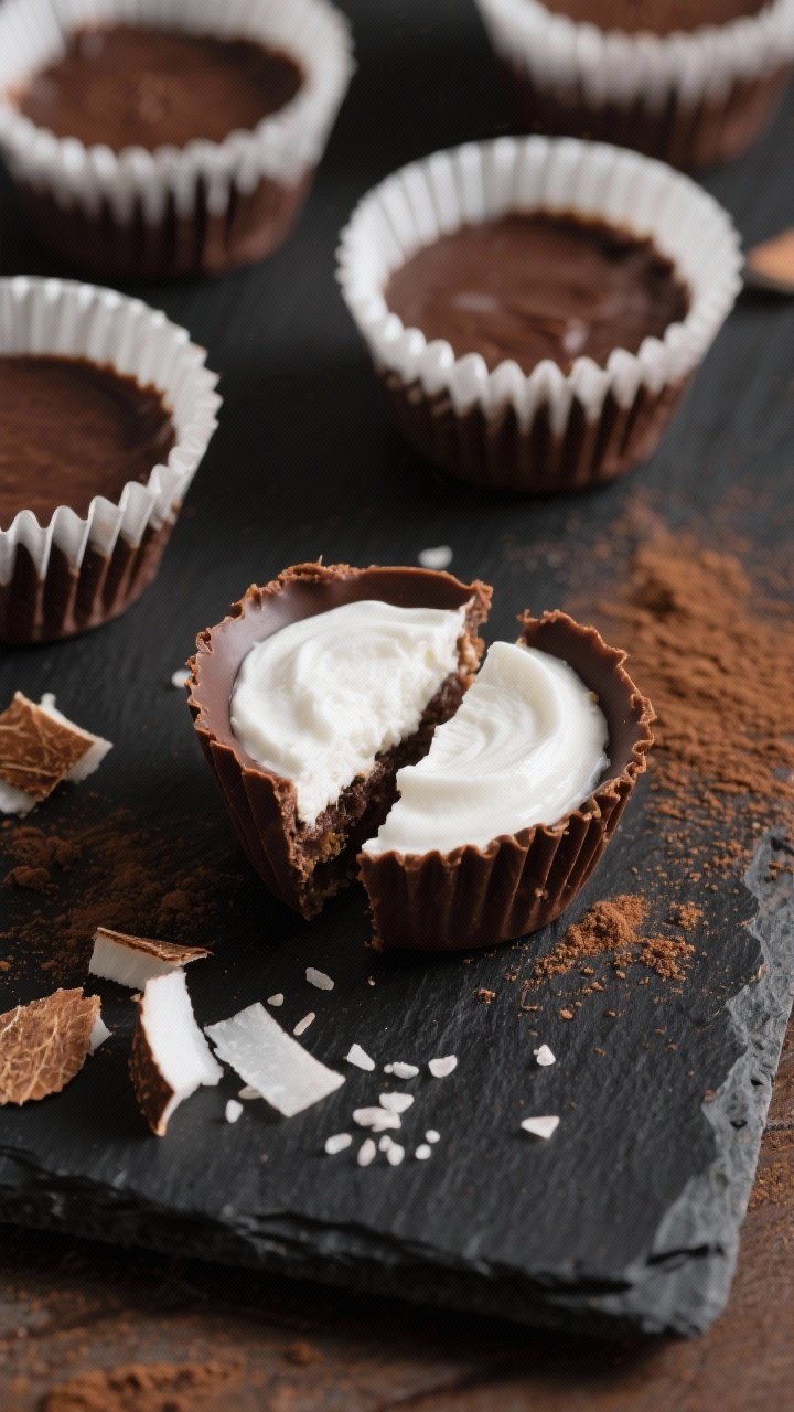 Final dish, overhead: Overhead shot of fully set Keto Chocolate Coconut Cream Cups unwrapped from pa