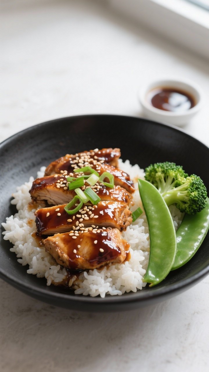 Final dish overhead: Overhead shot of glossy chicken teriyaki served over fluffy white rice in a wid