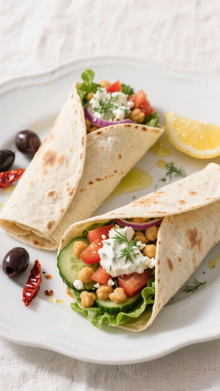 Final dish overhead: Overhead shot of Greek chickpea wraps on a white ceramic platter—warm Greek p