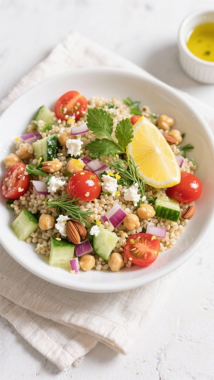 Final dish — Overhead plated Zesty Lemon Herb Quinoa Bowl: top-down shot of a wide, shallow white 