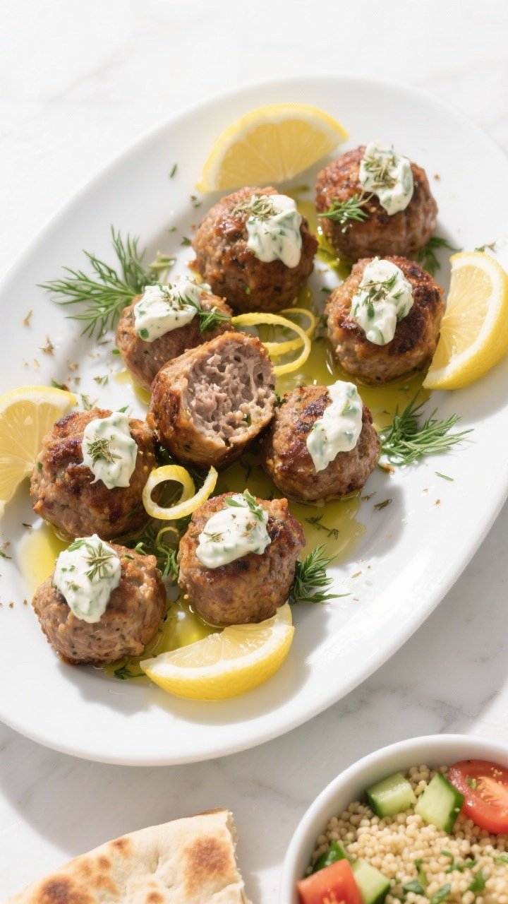 Final dish, overhead platter: Overhead shot of Greek turkey meatballs arranged on a white oval platt