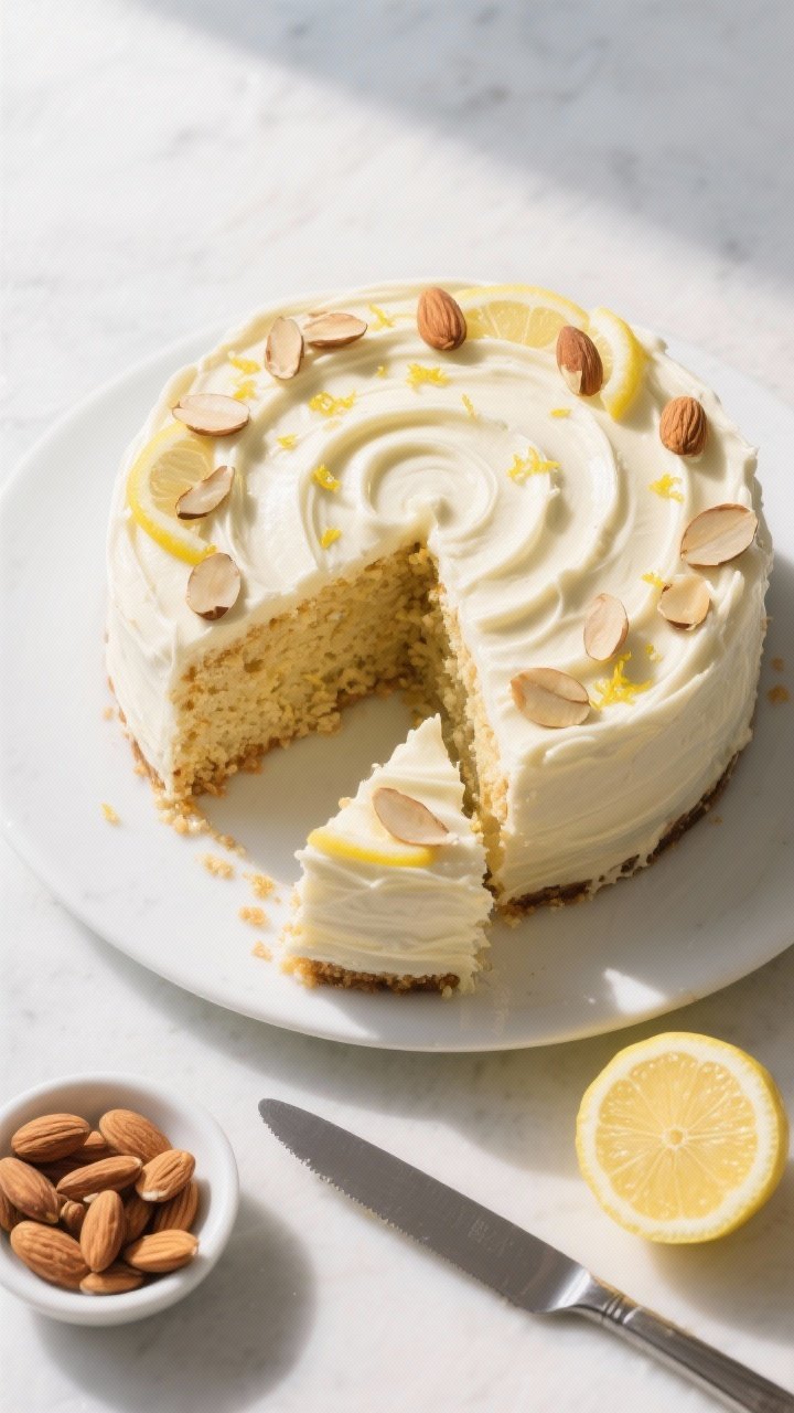 Final dish, overhead presentation: Top-down hero shot of the fully assembled Keto Lemon Almond Crèm