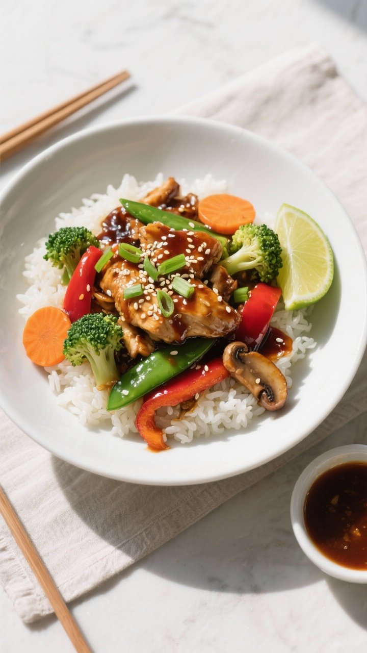 Final dish overhead: Restaurant-quality top-down shot of Teriyaki Chicken Stir-Fry plated over fluff