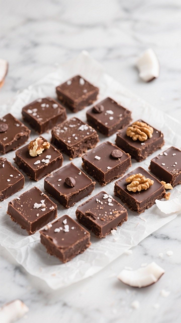 Final dish, : Overhead shot of neatly cut keto chocolate coconut fudge squares (16 pieces) arranged