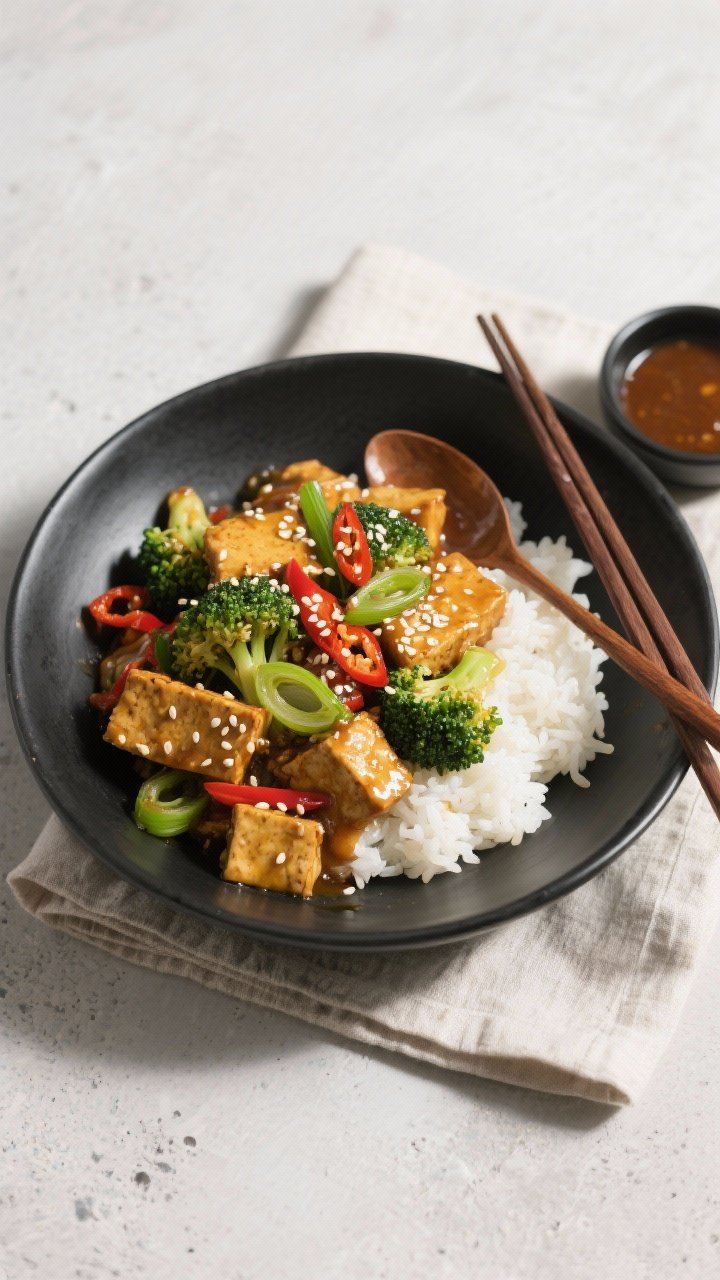 Final dish, : Overhead shot of Tempeh & Broccoli Stir-Fry spooned over fluffy white rice in a wide m