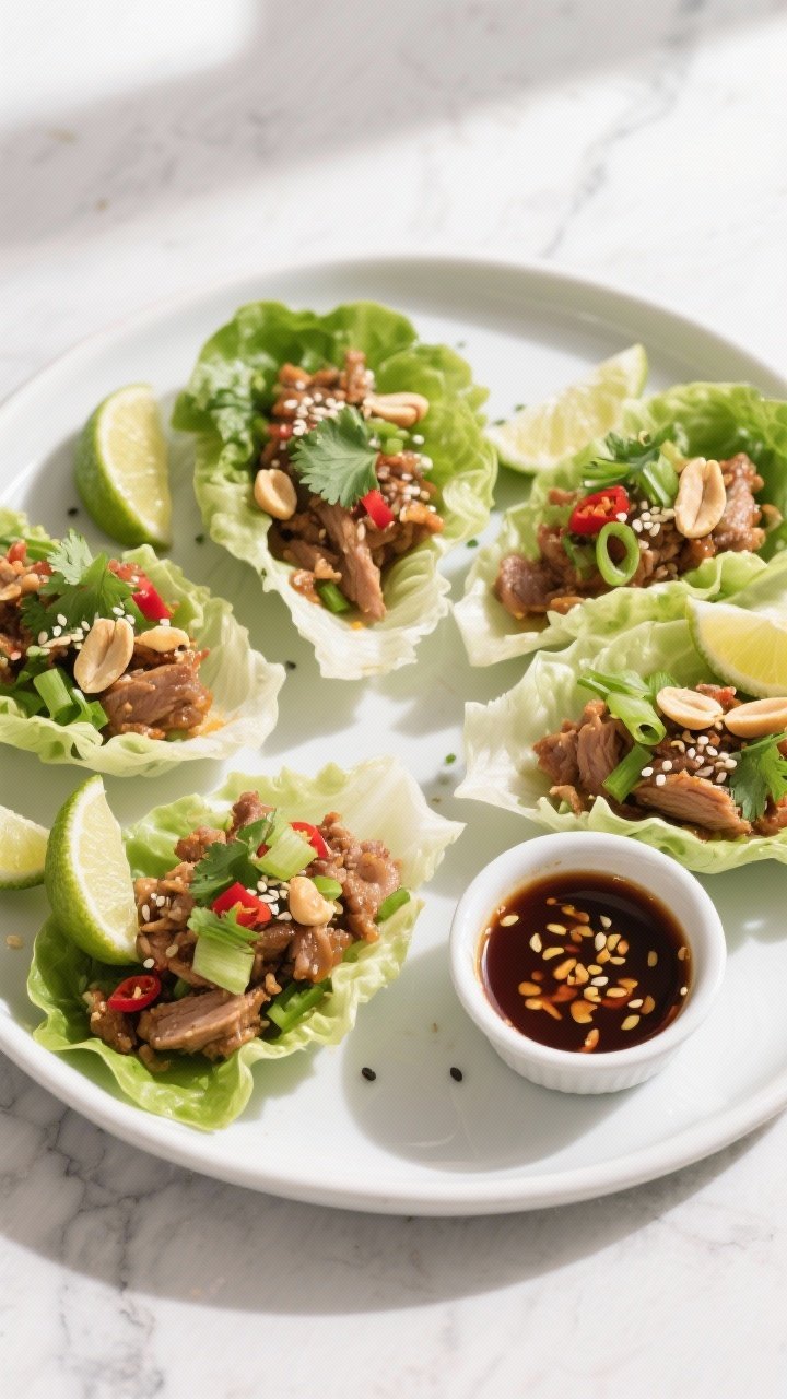 Final dish, : Overhead shot of turkey lettuce wraps arranged on a matte white platter—butter lettu