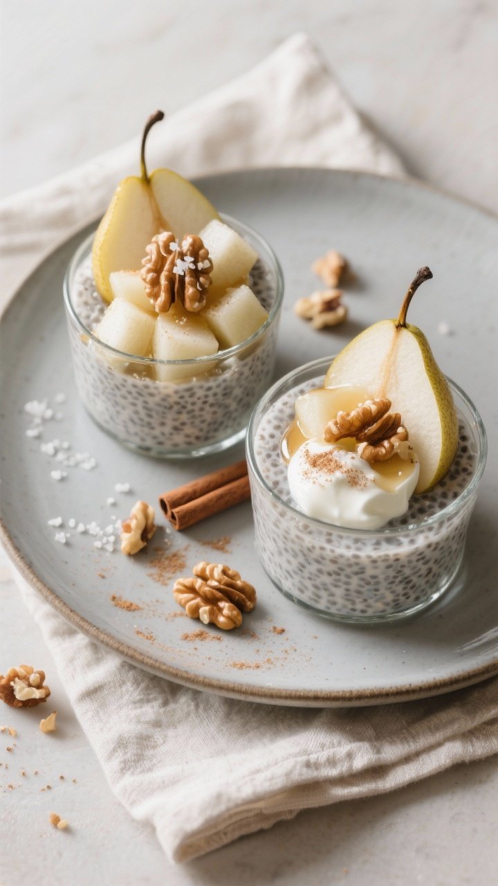 Final dish overhead: Tasty top-down shot of fully chilled cinnamon pear chia pudding served in two c