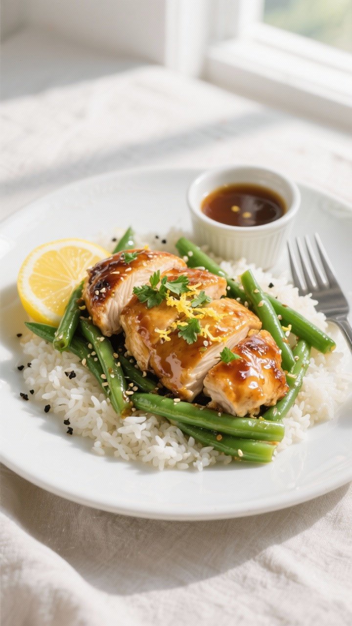 Final dish, overhead: Tasty top-down shot of Honey Lemon Chicken & Green Beans plated on a wide whit
