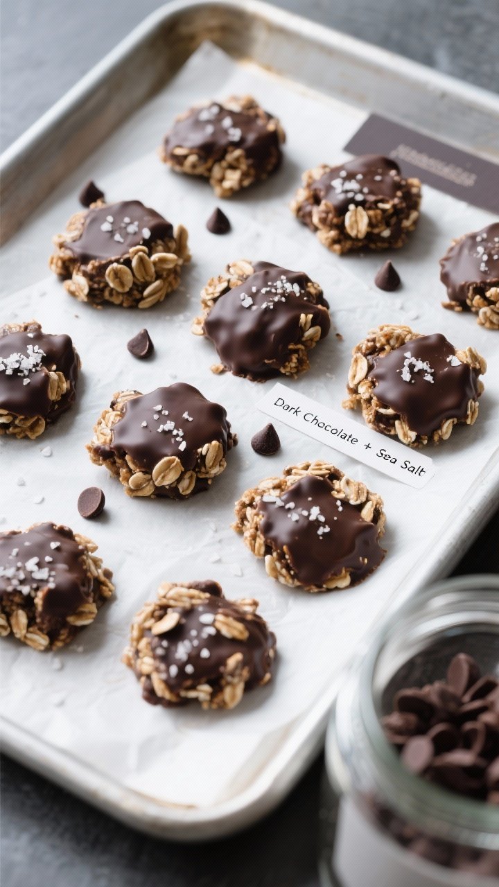 Final dish overhead: Tasty top-view of no-bake chocolate oat clusters set on a parchment-lined bakin