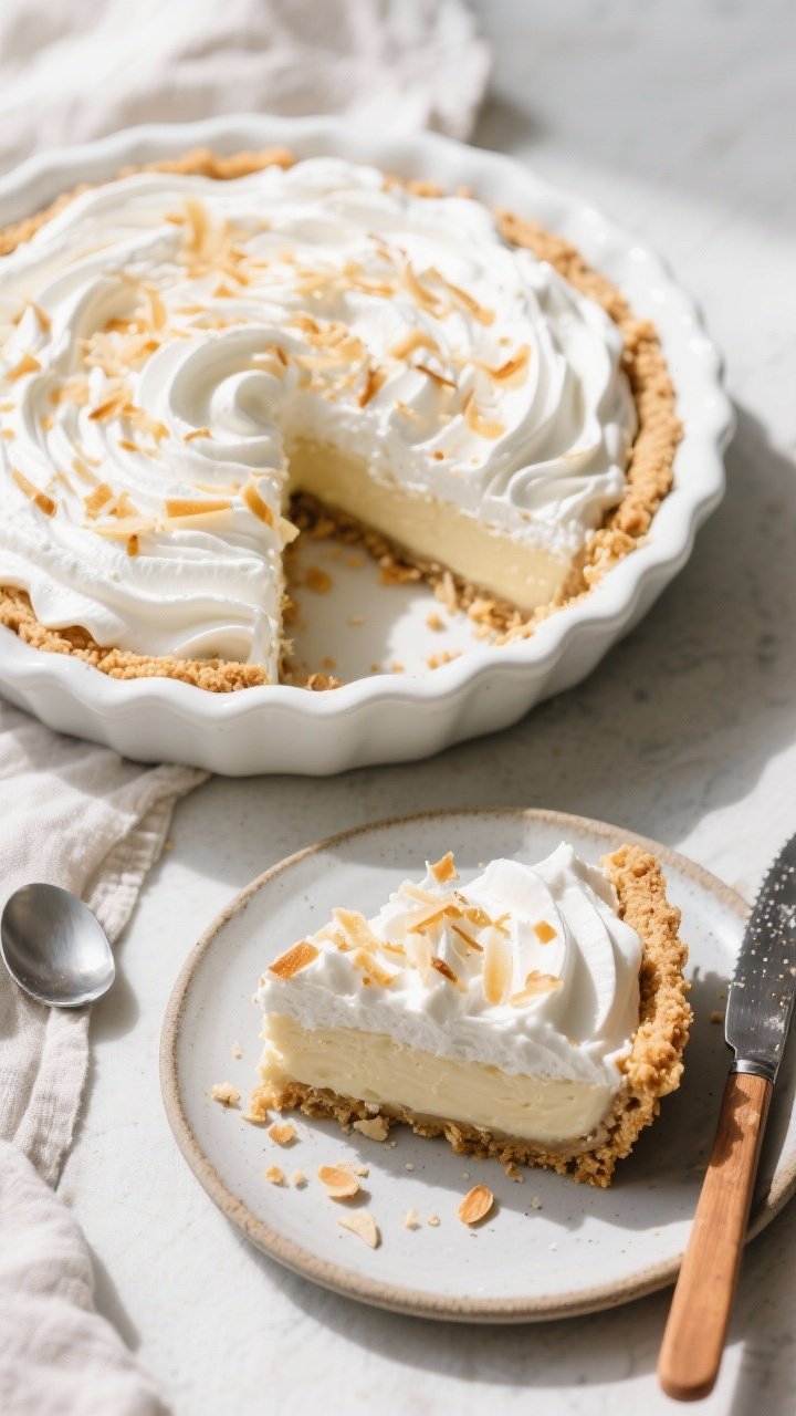 Final dish overhead: Top-down shot of a fully assembled keto coconut cream pie in a simple white pie