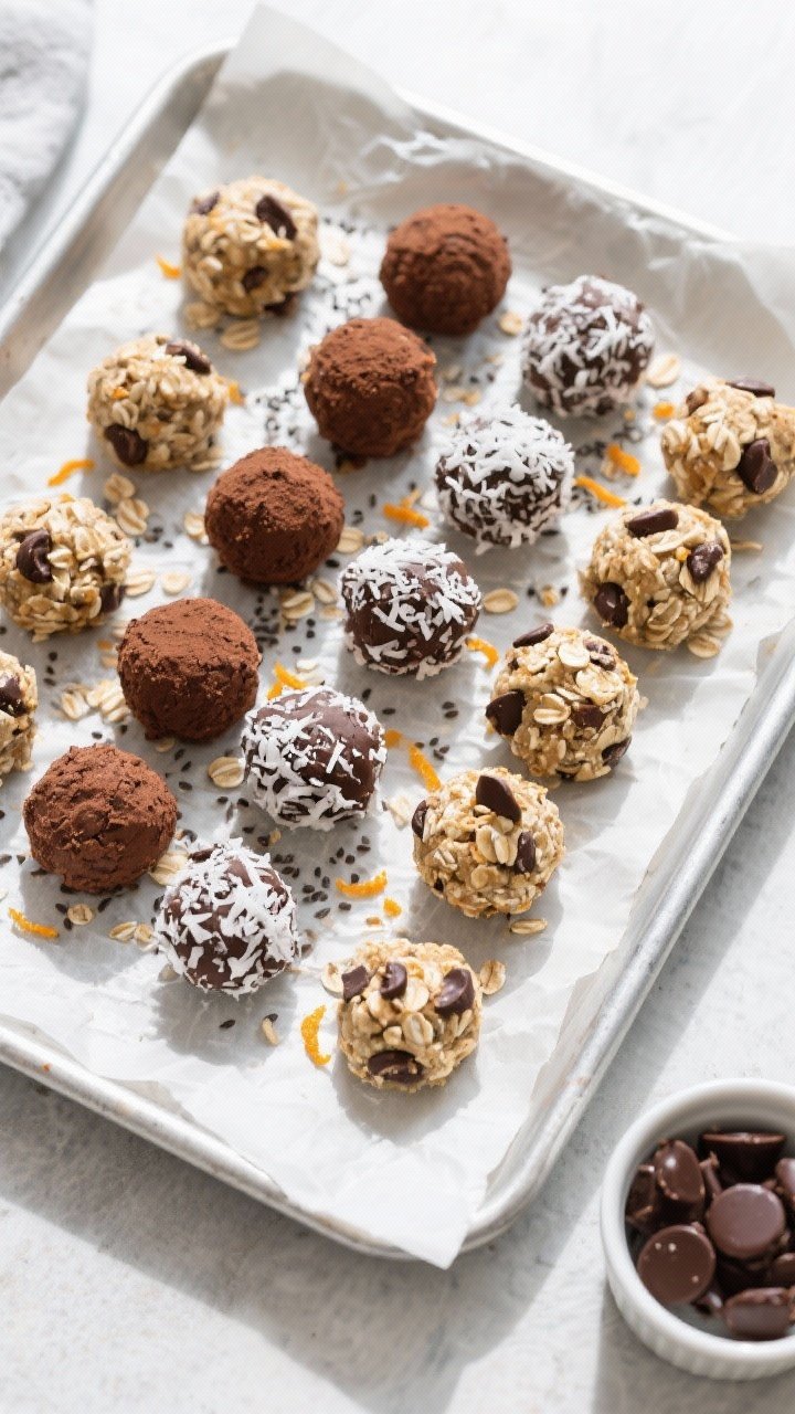 Final dish, overhead top view: A parchment-lined tray of perfectly rolled Healthy No-Bake Cherry Cho
