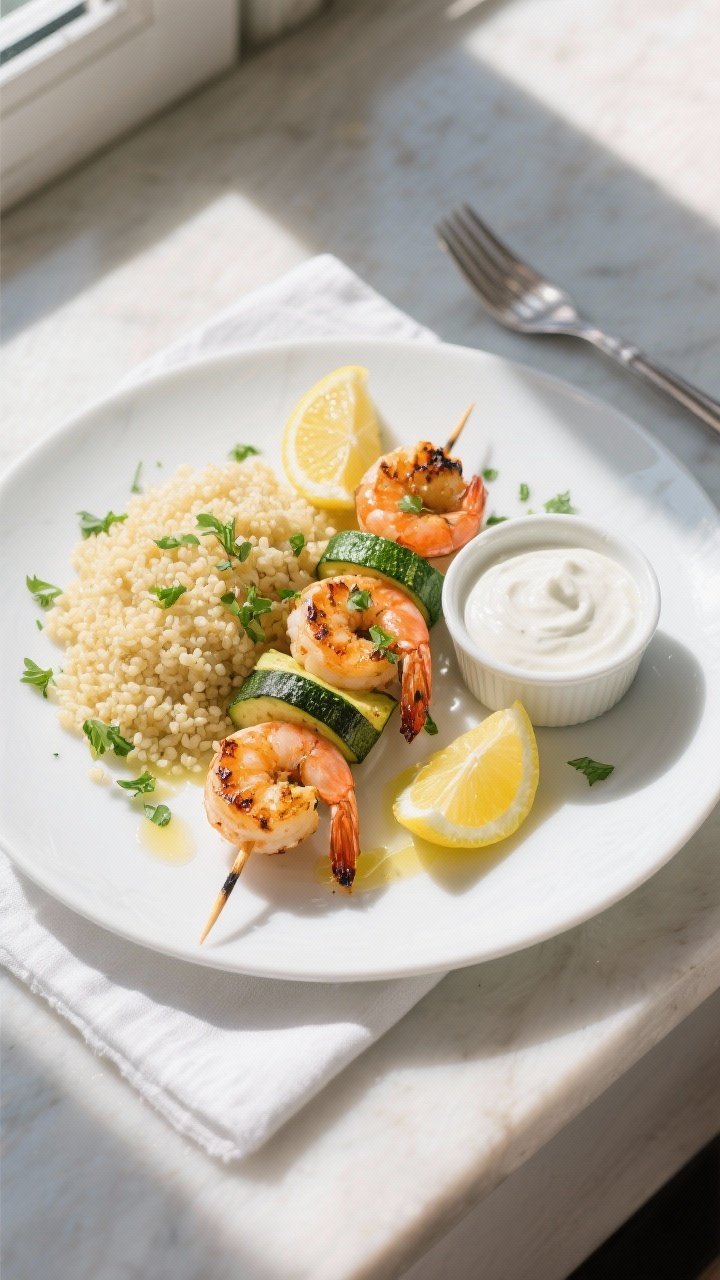 Final dish, overhead top view: Beautifully plated grilled shrimp skewers with zucchini on a matte wh