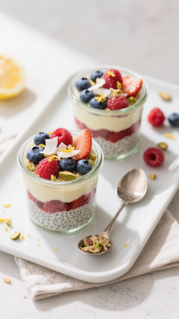 Final dish, overhead top view: Layered vanilla berry chia pudding cups in small clear jars, alternat