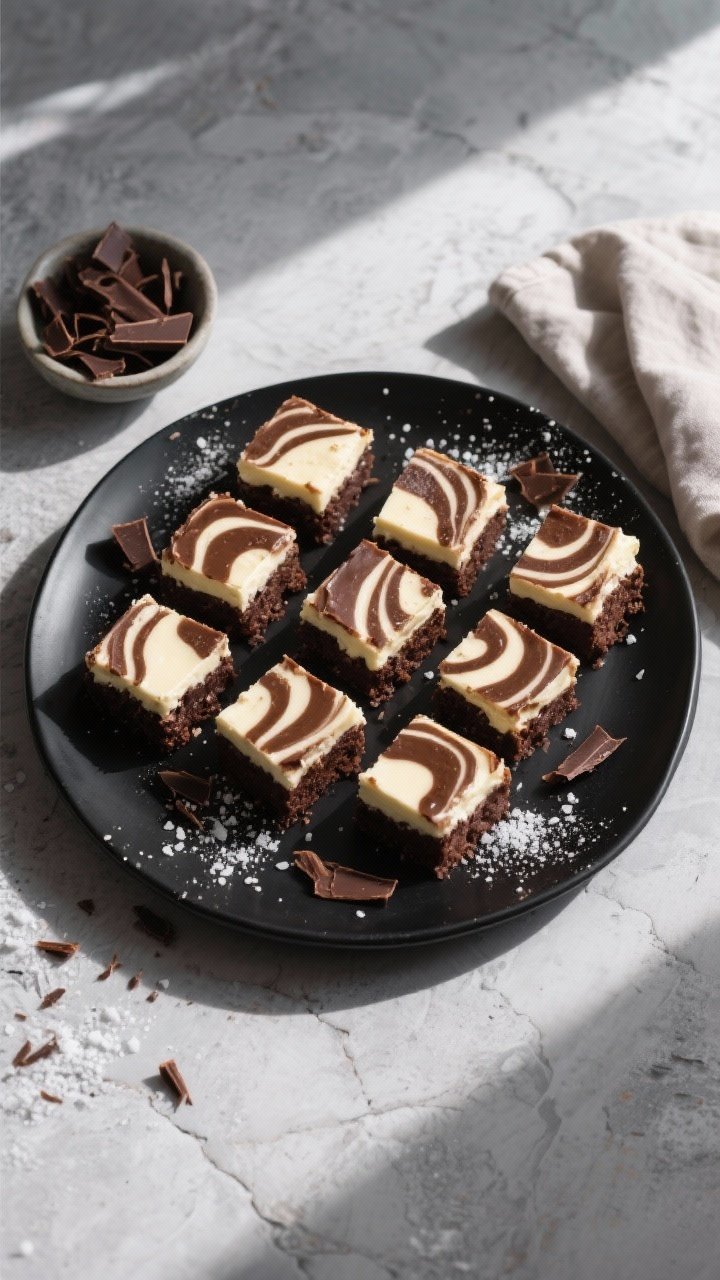 Final dish, overhead top view: Neatly cut squares of Keto Brownie Cheesecake Swirl Bites arranged on