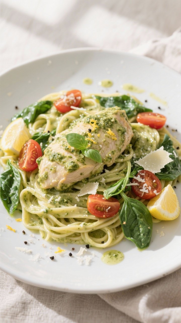 Final dish, overhead top view: One-Pot Creamy Pesto Chicken served over al dente fettuccine on a wid