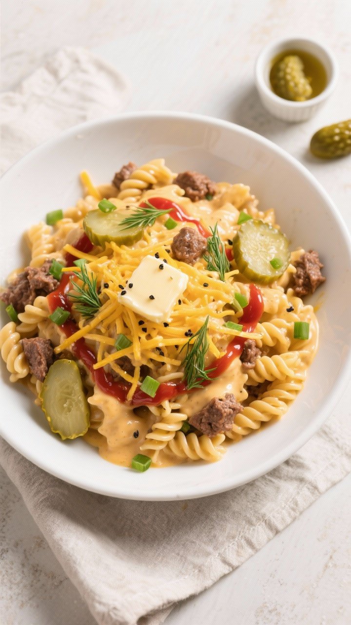 Final dish, tasty top view: Overhead hero shot of Skillet Cheeseburger Pasta plated in a wide white 