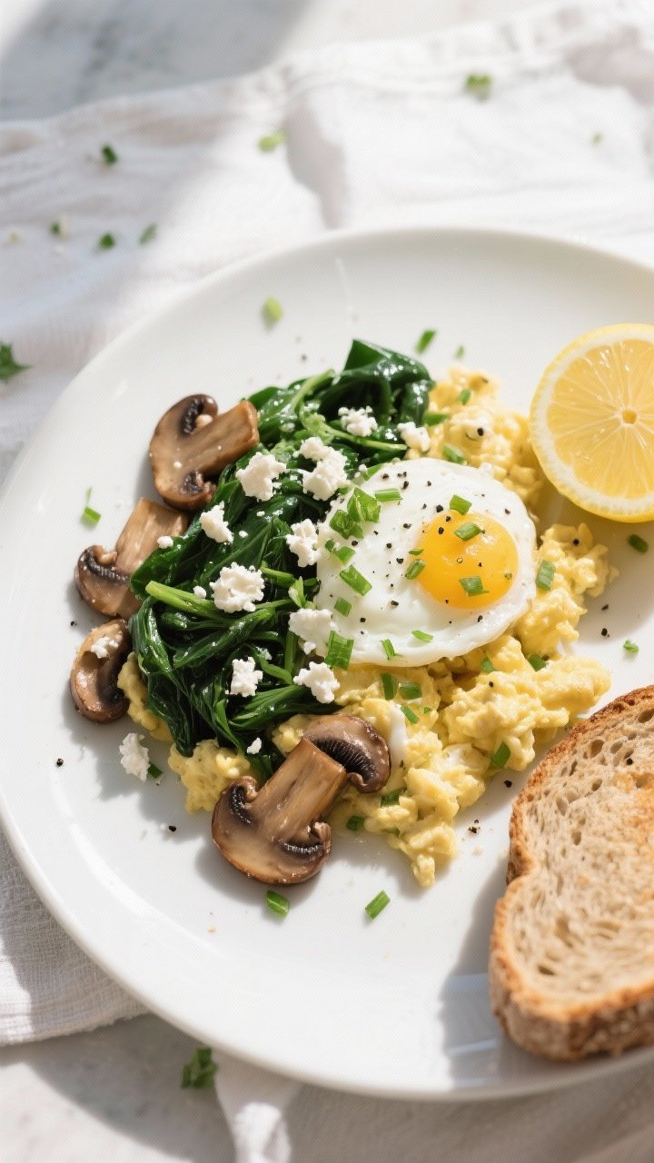 Final dish, tasty top view: Overhead shot of a beautifully plated Spinach Mushroom Egg White Scrambl