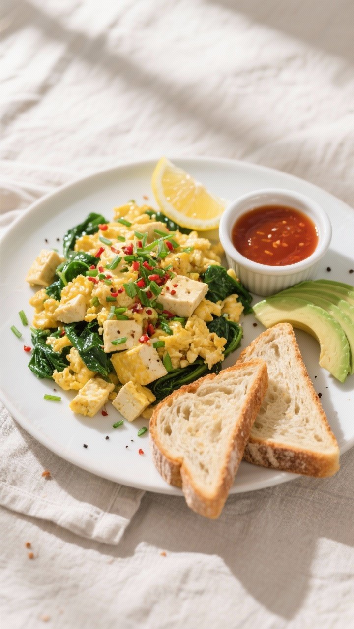 Final dish, tasty top view: Overhead shot of a beautifully plated tofu & spinach scramble on a matte