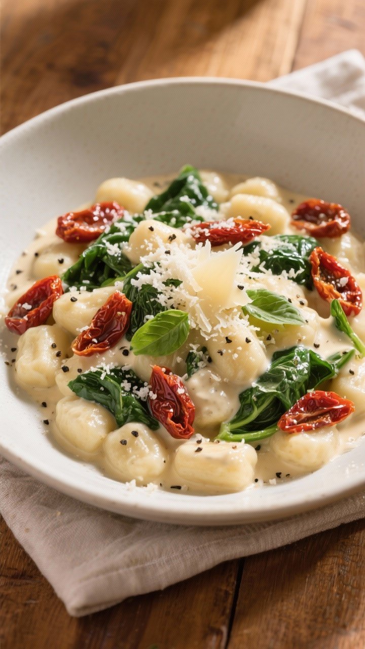 Final dish, tasty top view: Overhead shot of a bowl of Creamy Tuscan Gnocchi plated generously, gnoc