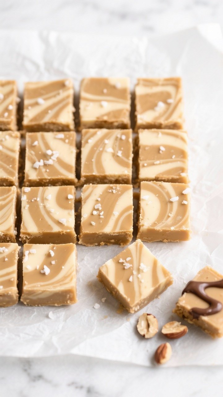 Final dish, tasty top view: Overhead shot of a grid of neatly sliced Keto Peanut Butter Vanilla Swir
