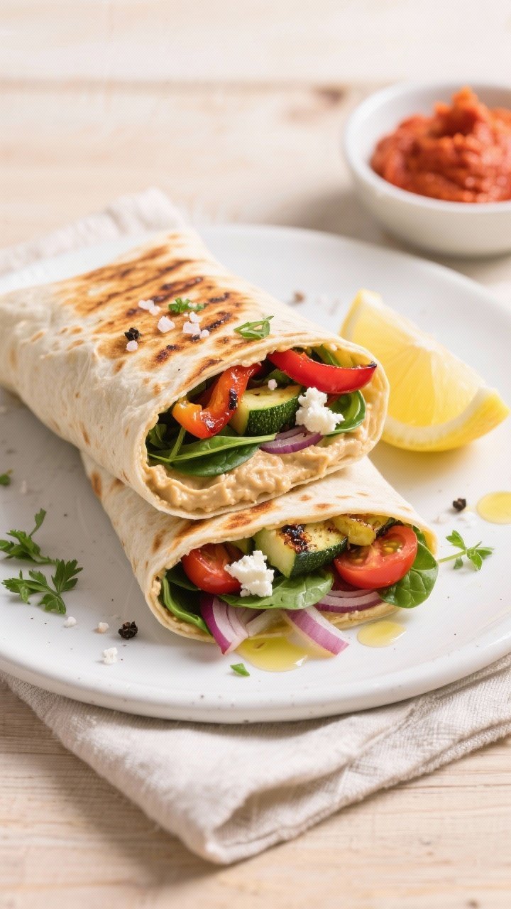 Final dish, tasty top view: Overhead shot of a neatly halved grilled veggie and hummus wrap, seam-si