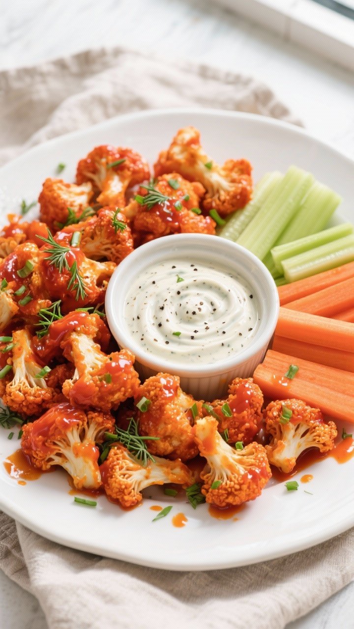 Final dish, tasty top view: Overhead shot of a platter piled high with crispy Buffalo cauliflower bi