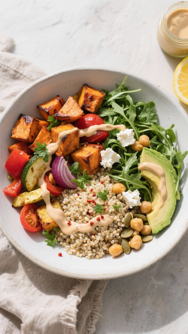 Final dish, tasty top view: Overhead shot of a quinoa and roasted vegetable bowl assembled on a matt