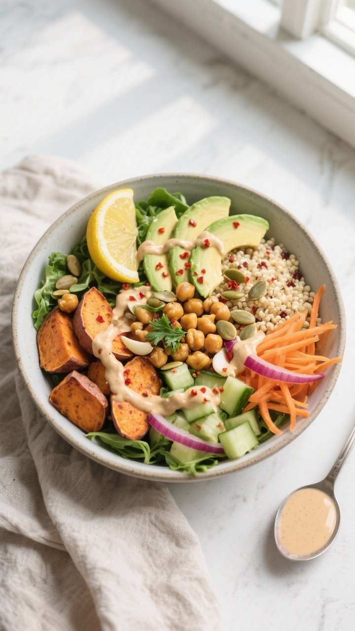 Final dish, tasty top view: Overhead shot of a Sweet Potato Chickpea Buddha Bowl artfully arranged i