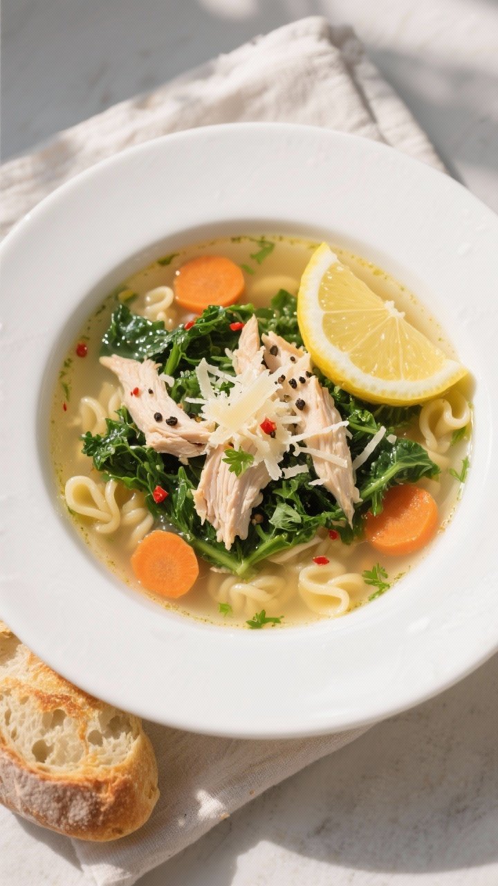 Final dish, tasty top view: Overhead shot of a white wide-rimmed bowl filled with Chicken & Kale Sou