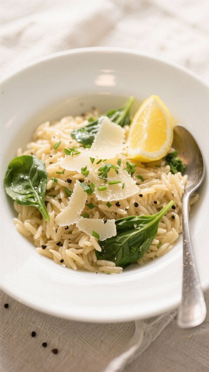 Final dish, tasty top view: Overhead shot of a wide, shallow white bowl filled with Lemon Parmesan O