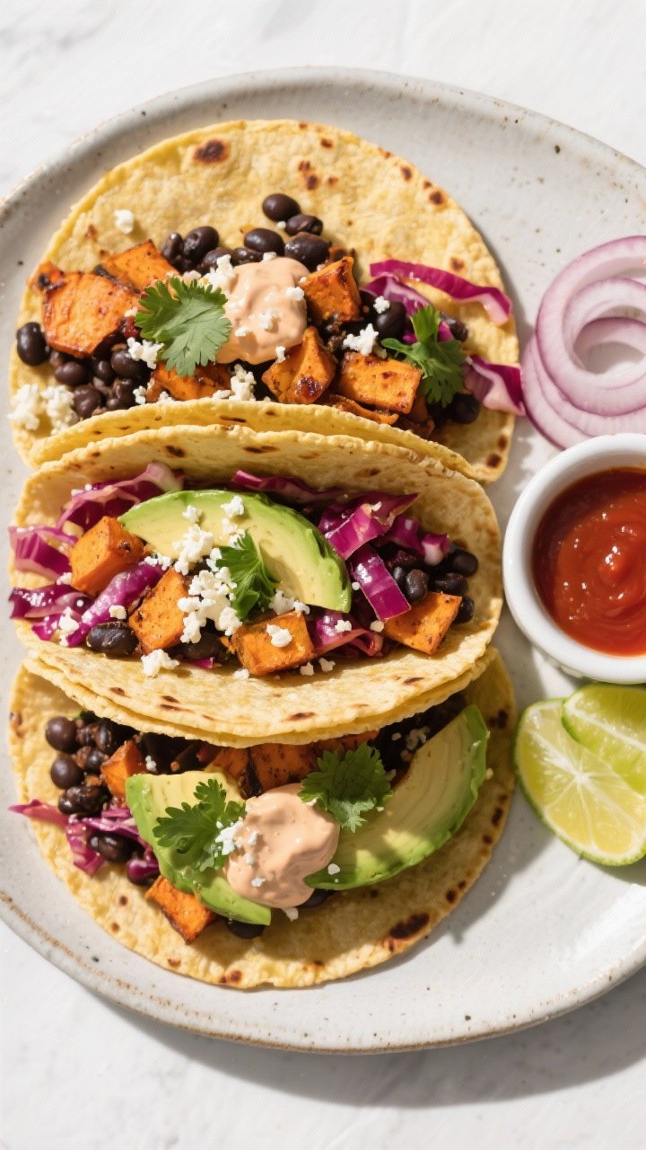 Final dish, tasty top view: Overhead shot of assembled sweet potato and black bean tacos on a matte 